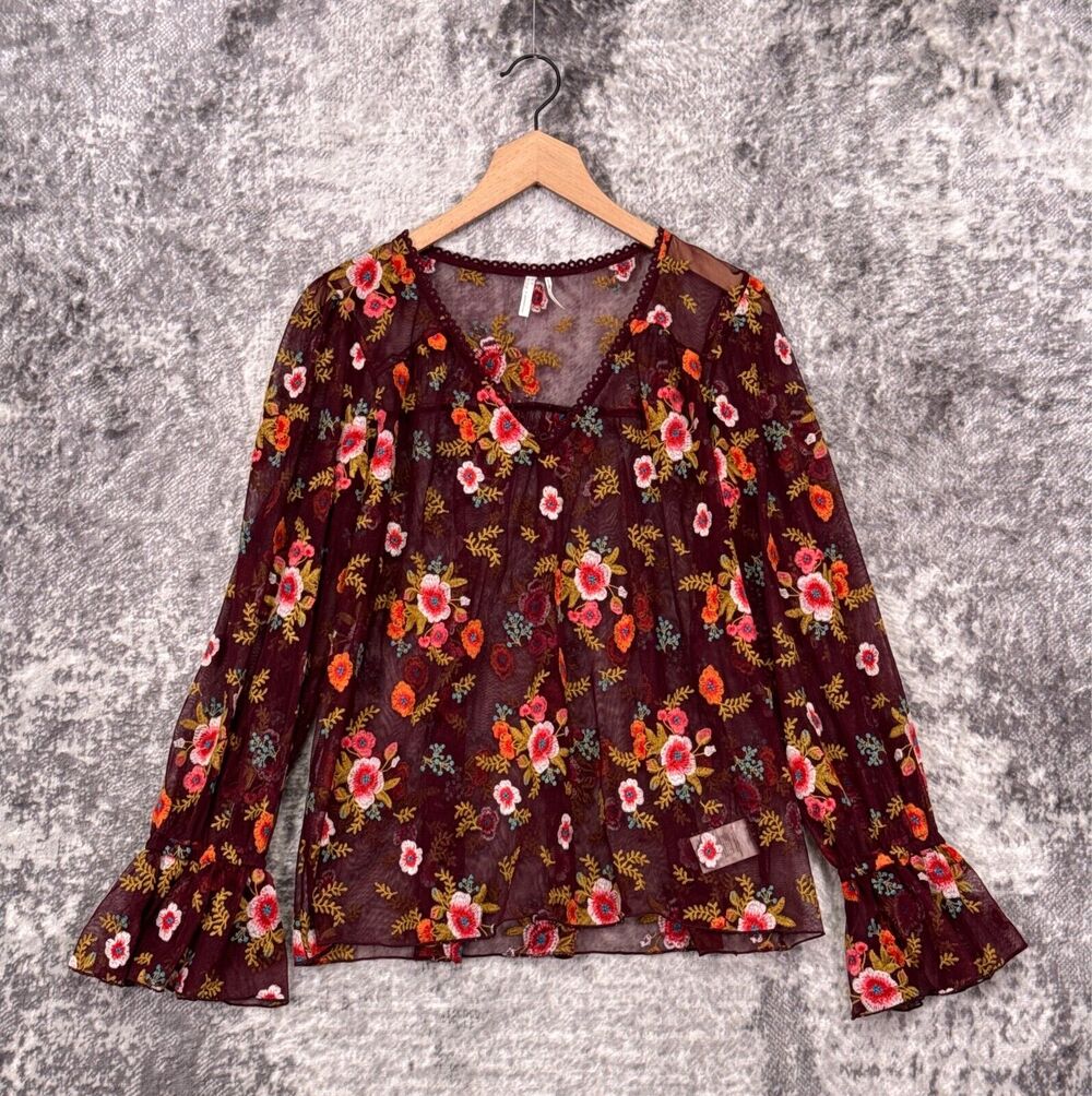 Anthropologie Top Medium Womens Featherbone Red Mesh Embroidered Blouse